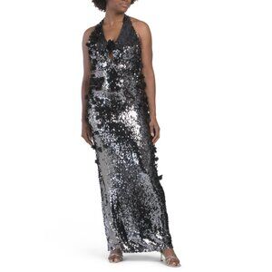 DRESS THE POPULATION Gunmetal Priscilla Sequin Gown